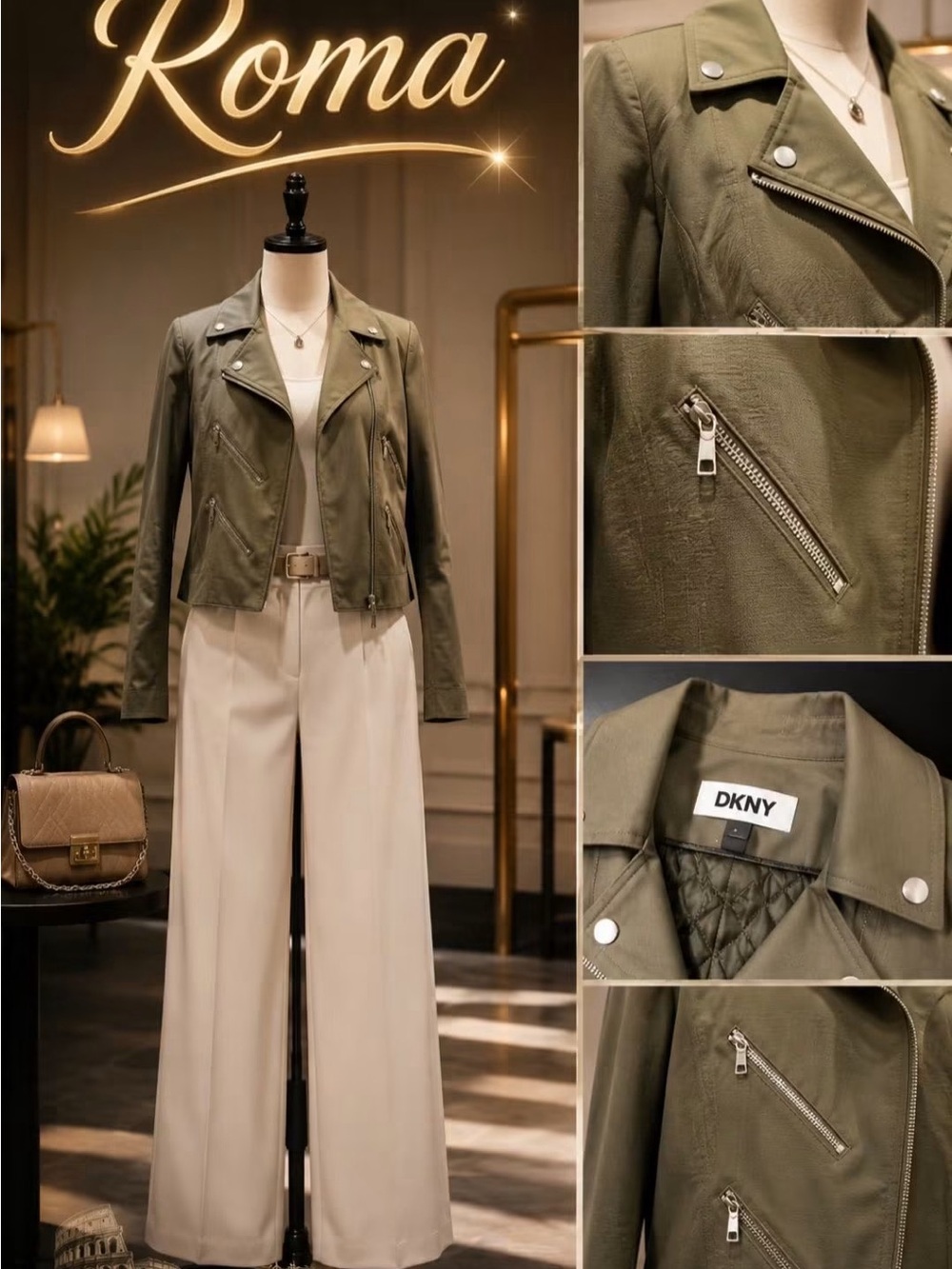 DKNY Olive Green Moto Jacket with Silver Hardwareu